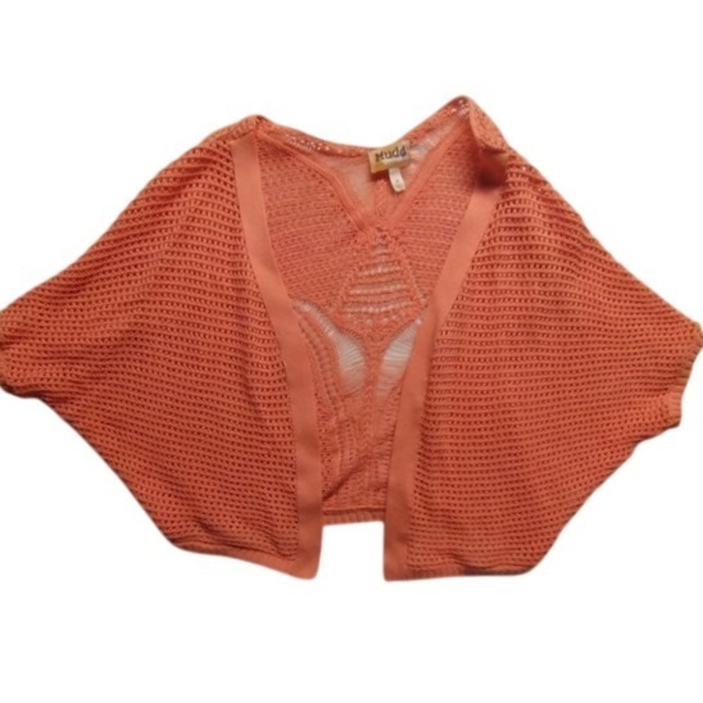 Mudd Open Knit Cropped Shrug Dolman Sleeve Cover Up Top Coral‎ Medium